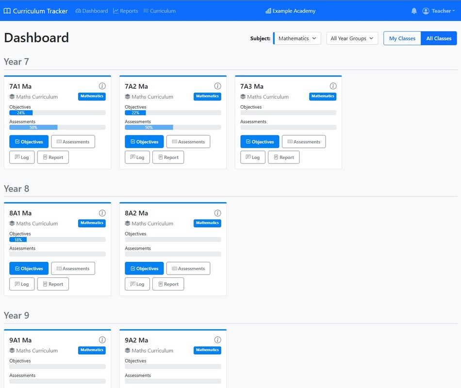 All classes dashboard - view all classes in your subject(s)