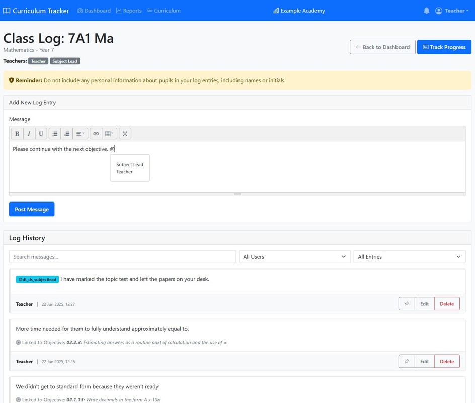 Class log - see and add notes for a class, great for shared classes